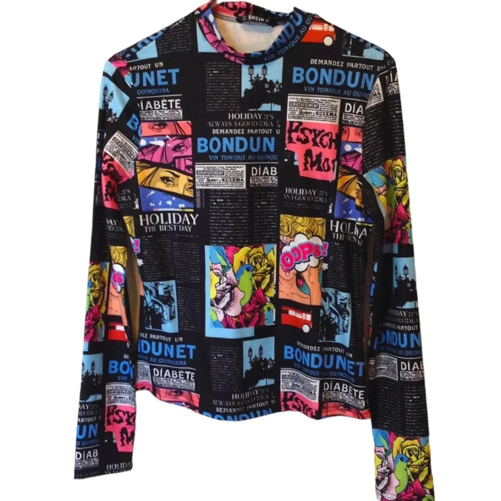 Shein Long Sleeve High Neck T-Shirt Cartoon Graphics Cycling Bike Riding Active